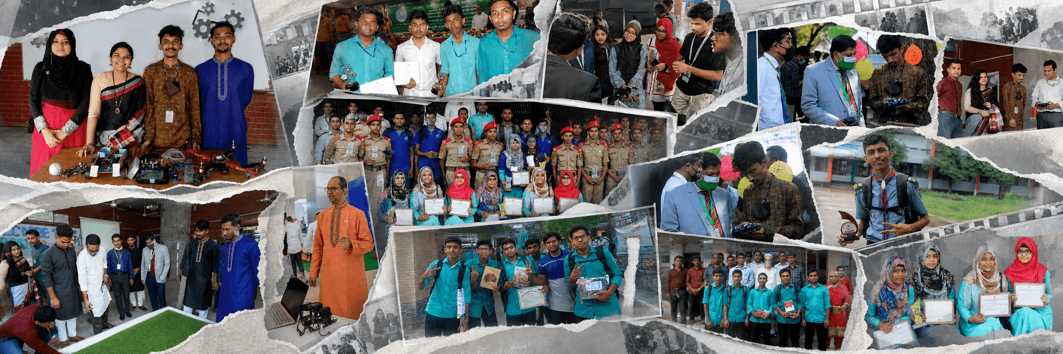 A collage of robotics exhibitions, teamwork and competition moments